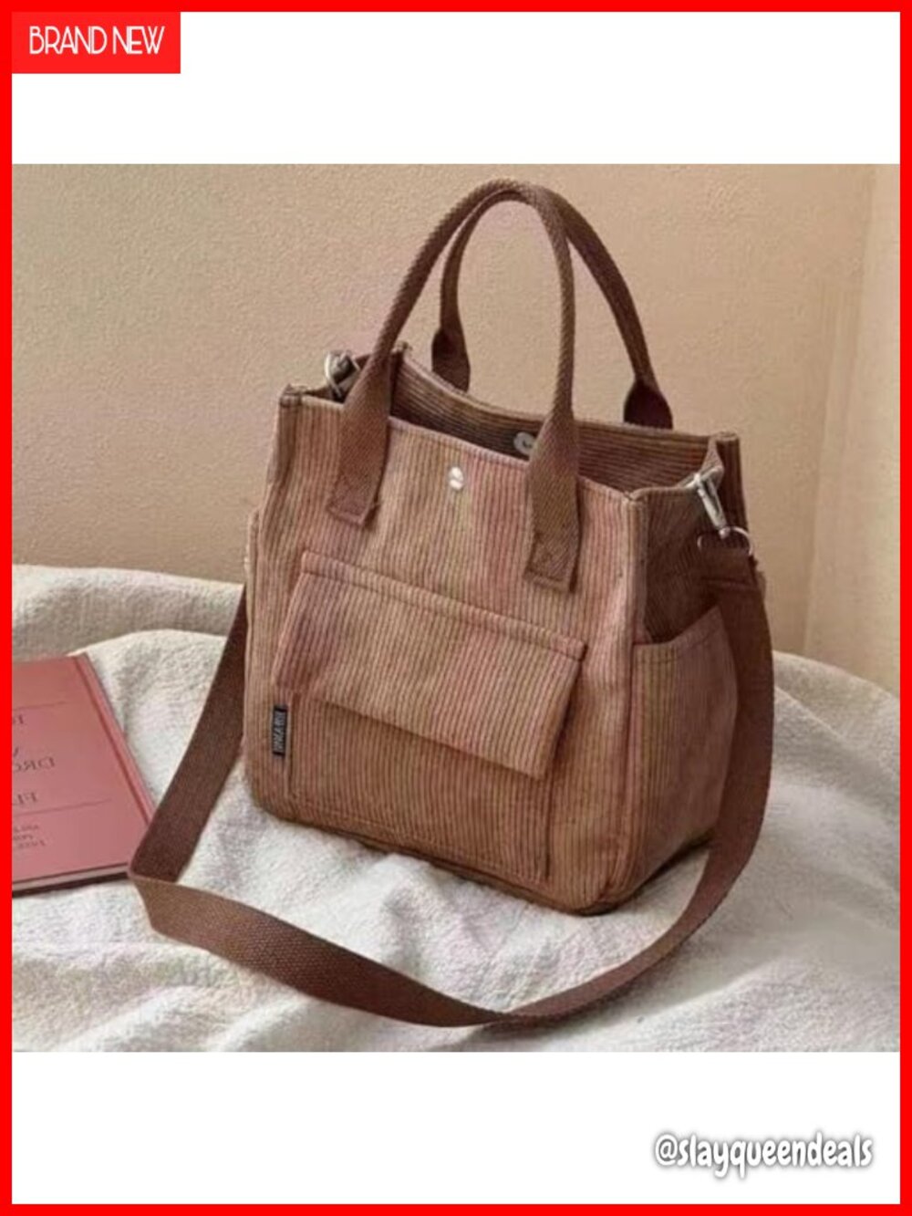 Corduroy Tote Bag Multi-Pocket Crossbody Messenger Daily Use Shoulder Bag